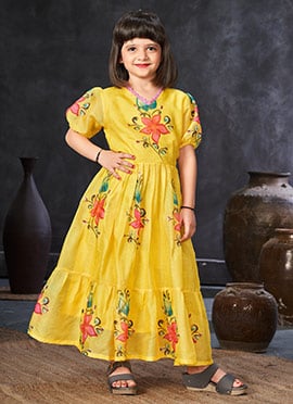 Silk Cotton Floral Digital Print Kids Girls Fit And Flare Dress