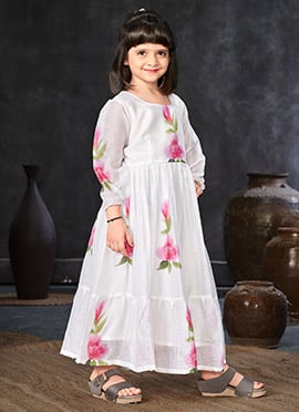 Silk Cotton Floral Digital Print Kids Girls Fit And Flare Dress