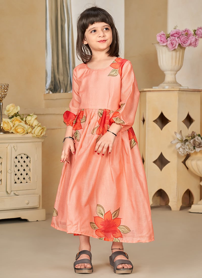 Silk Cotton Floral Digital Print Kids Girls Fit And Flare Dress Party Wear
