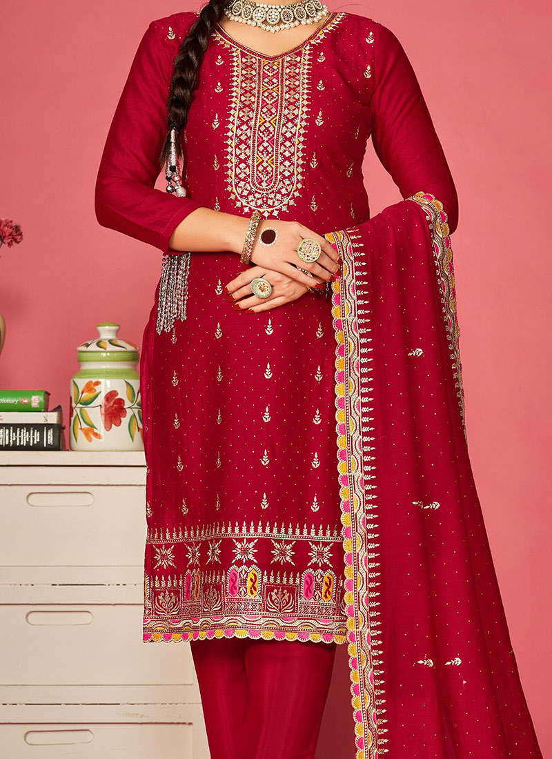 Designer Traditional Wear Viscose Silk Salwar Suit Red Viscose Silk Pant Straight