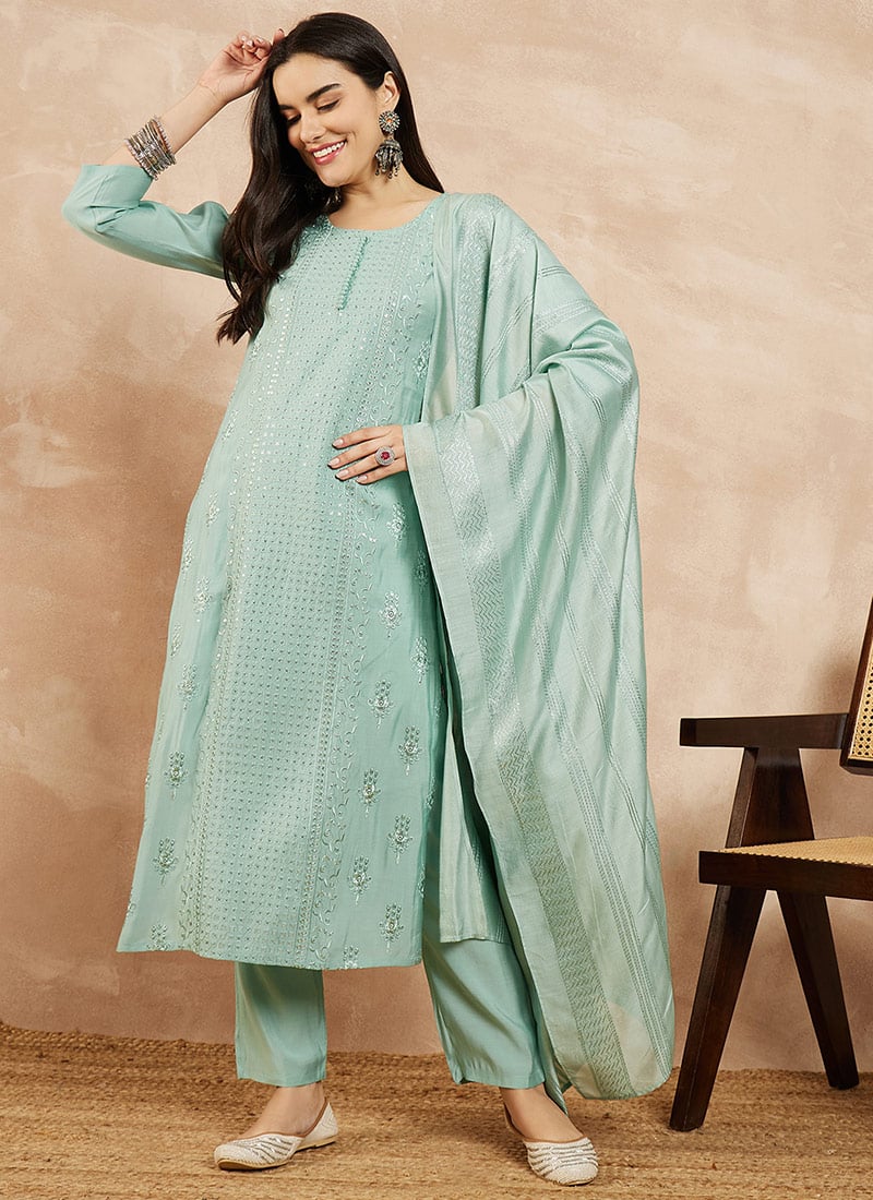 Silk Embroidered Straight Pant Suit After Six Wear