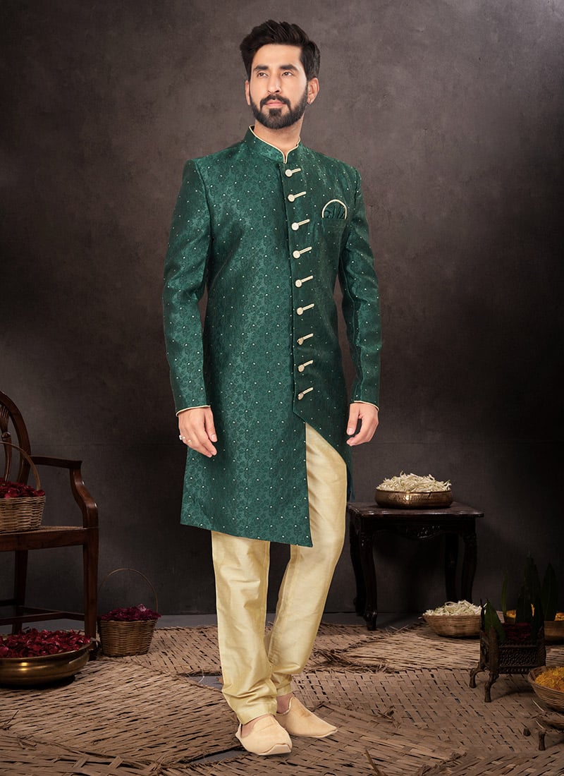 Silk Jacquard Indowestern Sherwani Wedding Wear
