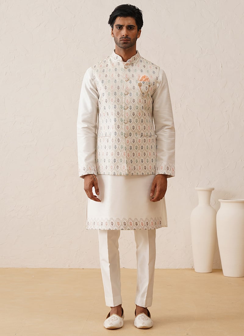 Silk Sophistication White Hand Embroidered Bandi Set