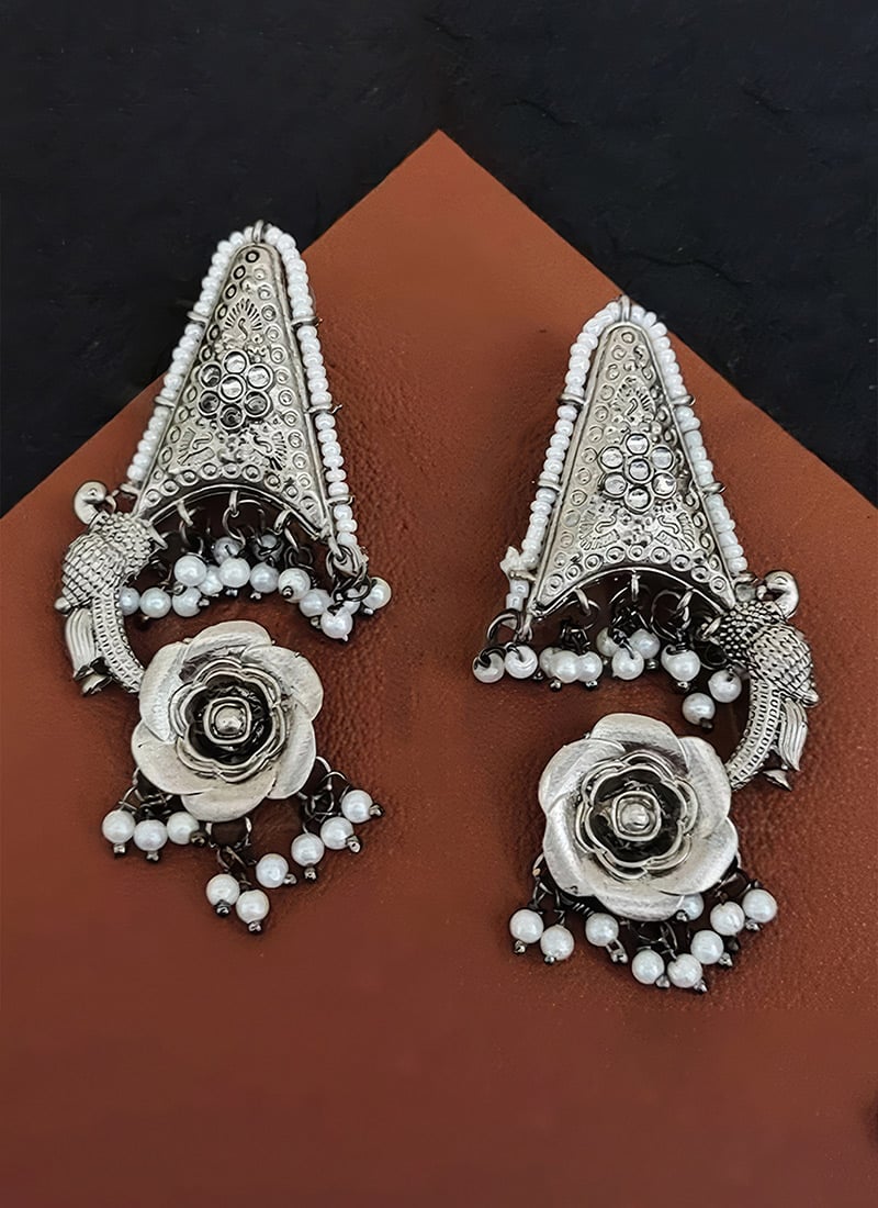 Silver Beaded Oxidised Danglers