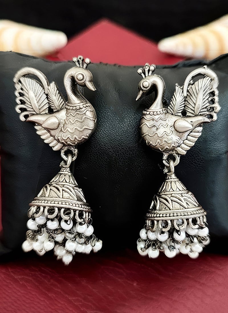 Silver Beaded Oxidised Jhumka Festive Wear