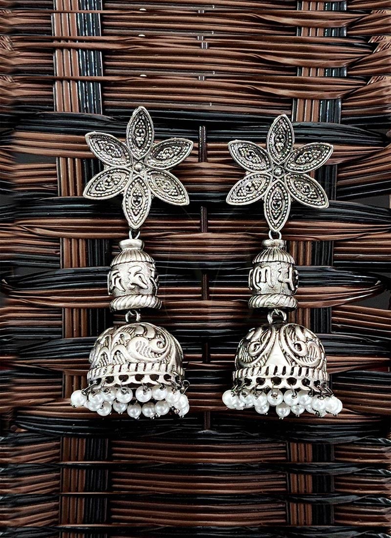 Silver Beaded Oxidised Jhumka Festive Wear