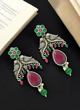 Silver Beads And Kundan Oxidised Danglers