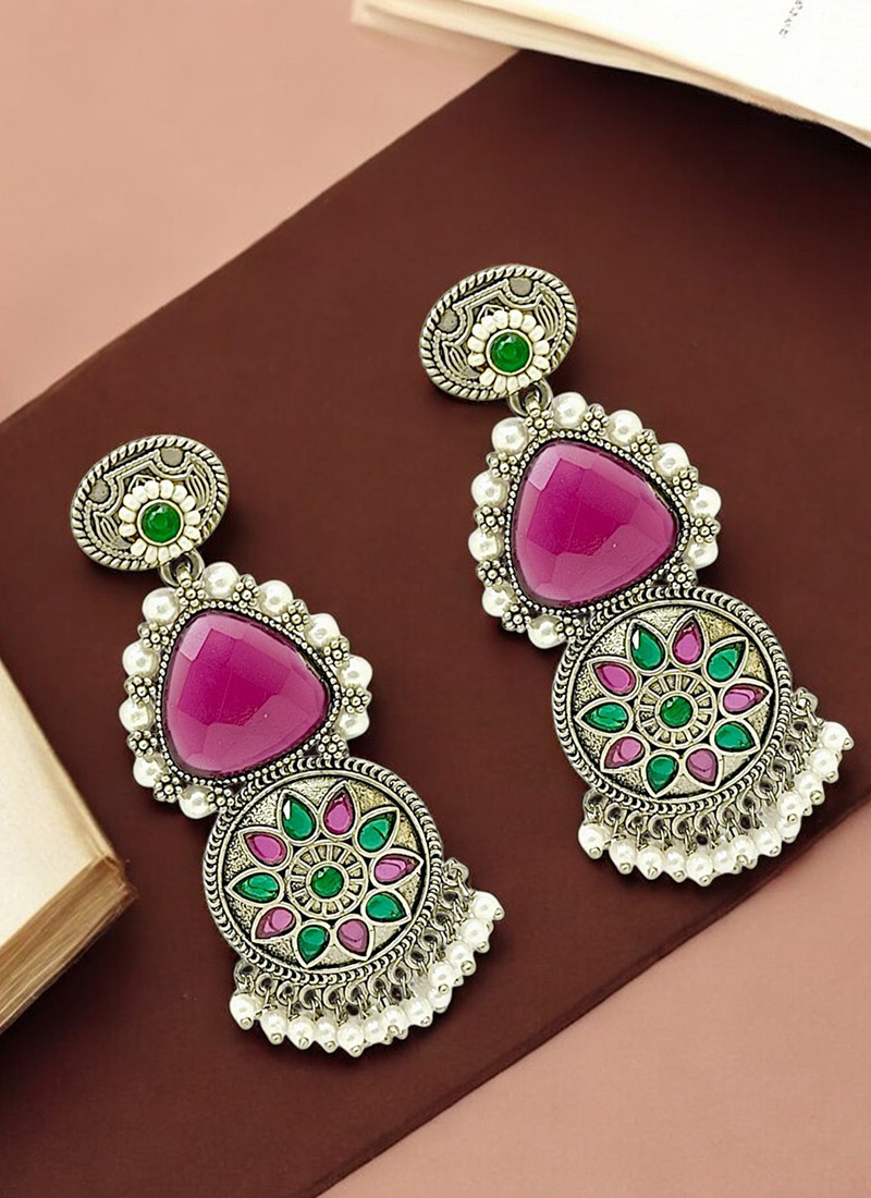 Silver Beads And Kundan Oxidised Danglers Festive Wear