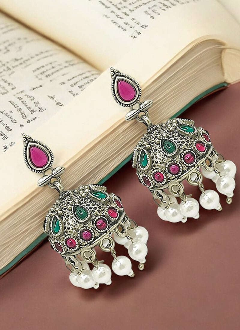 Silver Beads And Kundan Oxidised Jhumkas Festive Wear