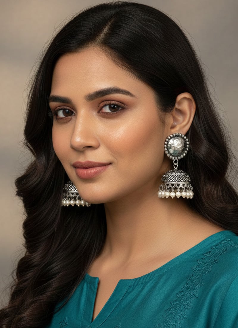 Silver Beads Work Artisan Crafted Jhumka After Six Wear