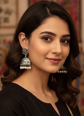 Silver Beads Work Regal Drop Earrings