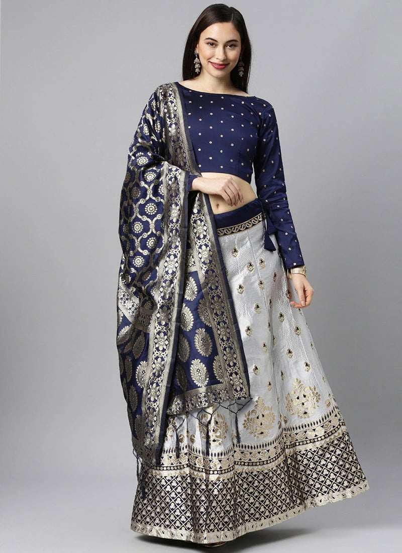 Silver Benarasi Silk Brocade A Line Lehenga Festive Wear