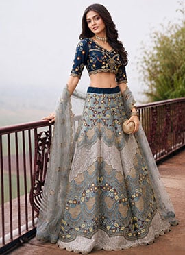 Silver Blue Resham Zari Embroidered Silk Lehenga