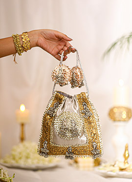 Silver Brocade Gota Work Potli For Women