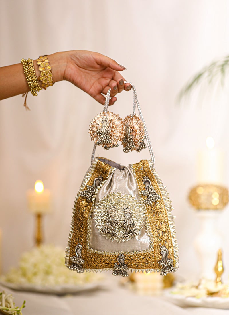 Silver Brocade Gota Work Potli For Women Wedding Wear