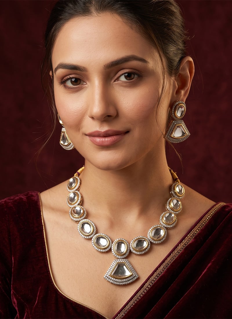 Silver Dual Tone Polki Stone Necklace Set After Six Wear