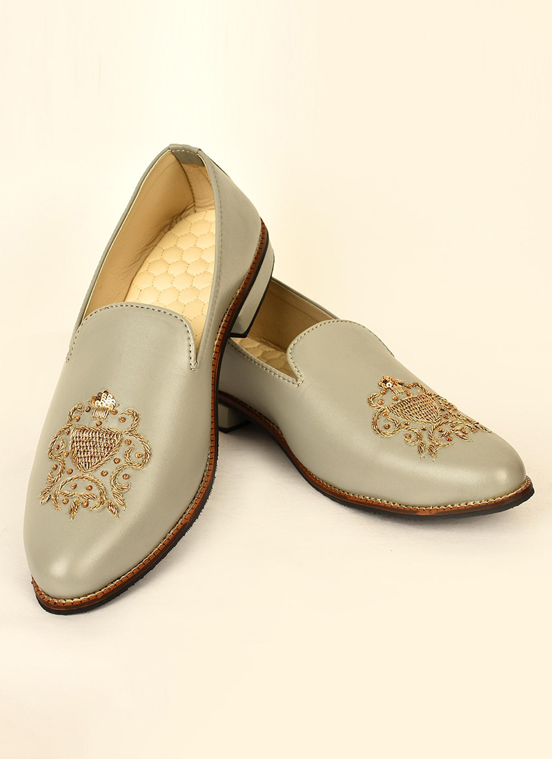 Silver Faux Leather Embroidered Men Footwear MFWMRG275