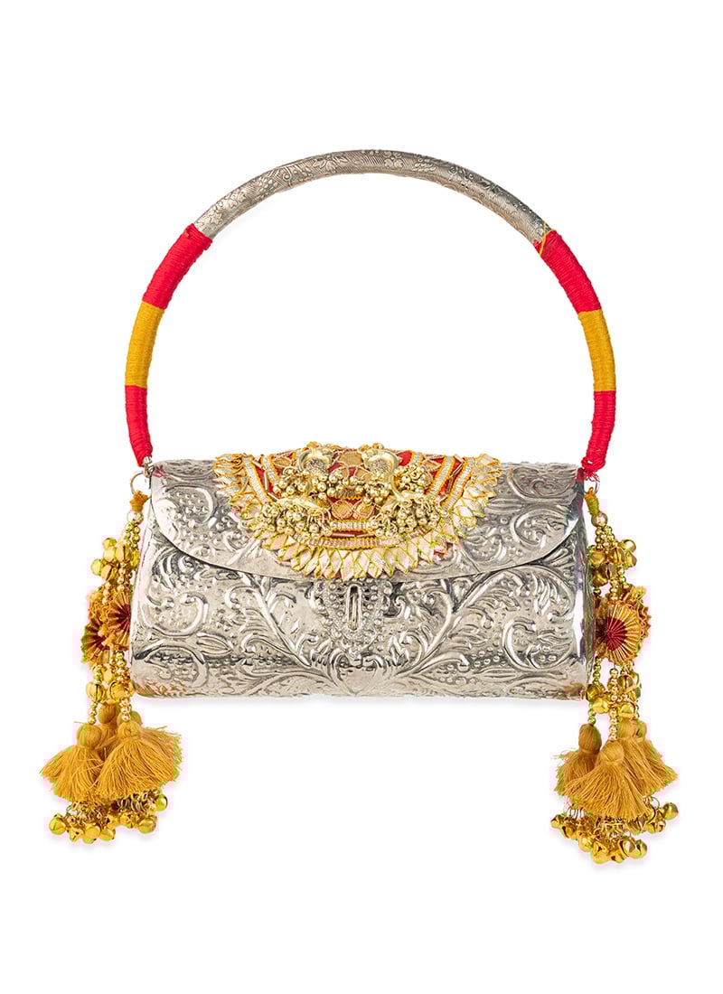 Silver Faux Leather Gota Zari Hand Bag Wedding Wear