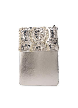 Silver Faux Leather Sequins Beads Hand Bag