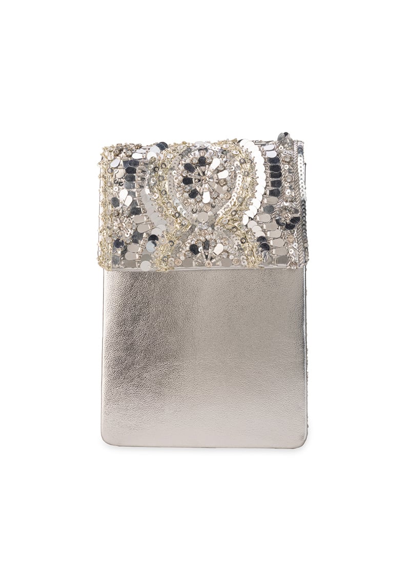 Silver Faux Leather Sequins Beads Hand Bag Wedding Wear