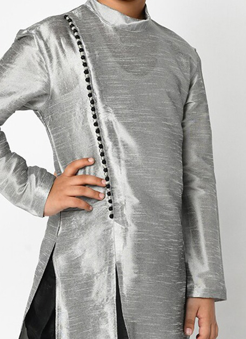 Sophisticated Grey Silk Blend Kurta Pyjama Set with Embroidery Traditional Meets Modern - Buy main image 0
