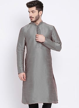 Silver Grey Dupion Silk Soild Stitched Kurta