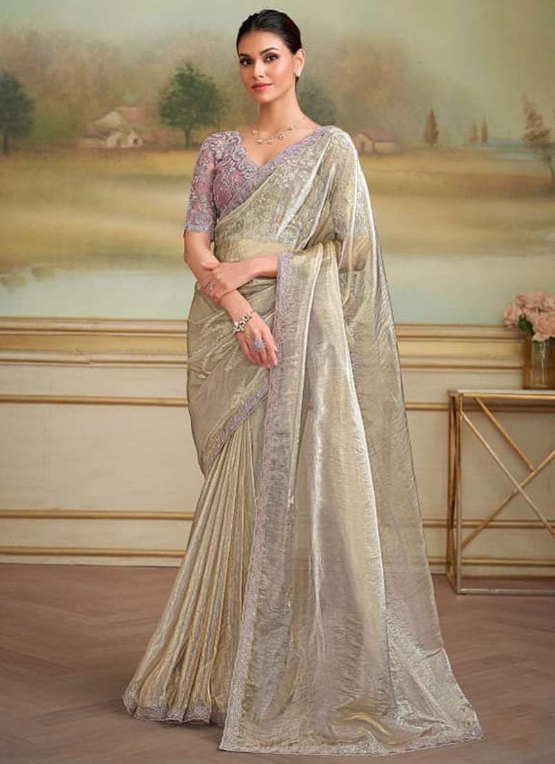 Silver Grey Georgette Embroidered Sequins Saree Festive Wear