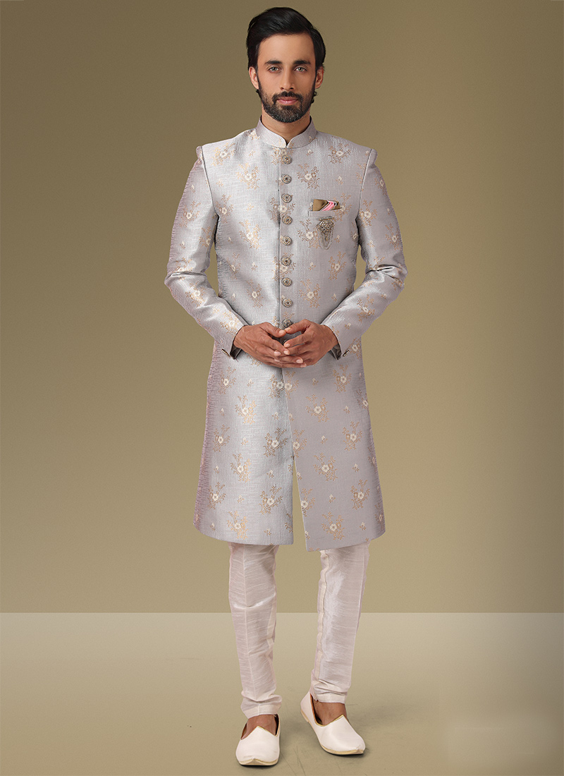 Silver Grey Jacquard Silk Brocade Classic Sherwani Wedding Wear