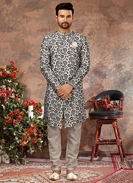 Silver Grey Jacquard Silk Digital Printed Classic Sherwani