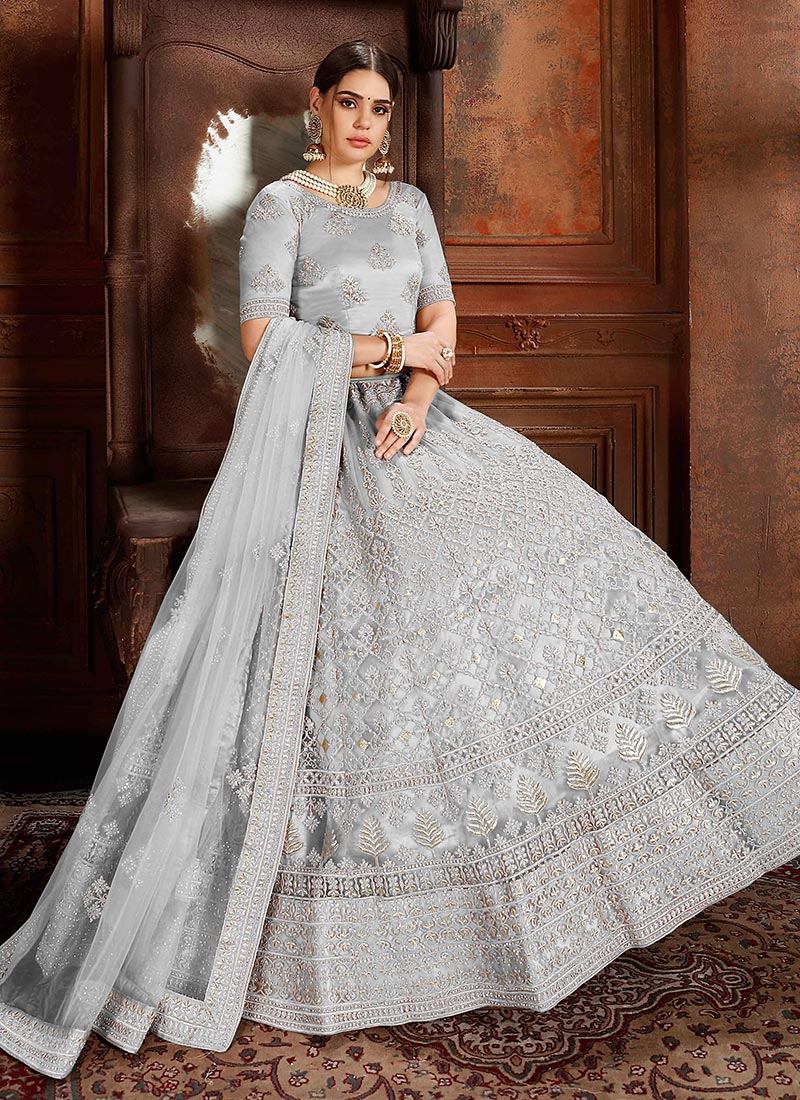 Buy Silver Grey Net Embroidered N 