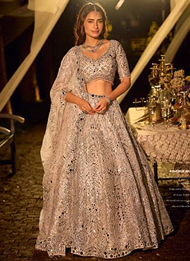 Silver Grey Net Hand Embroidered Beads Mirror Work Umbrella Lehenga