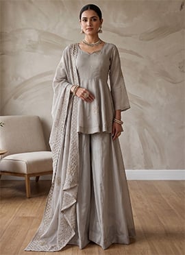 Silver Grey Silk Embroidered Sequins Palazzo Suit