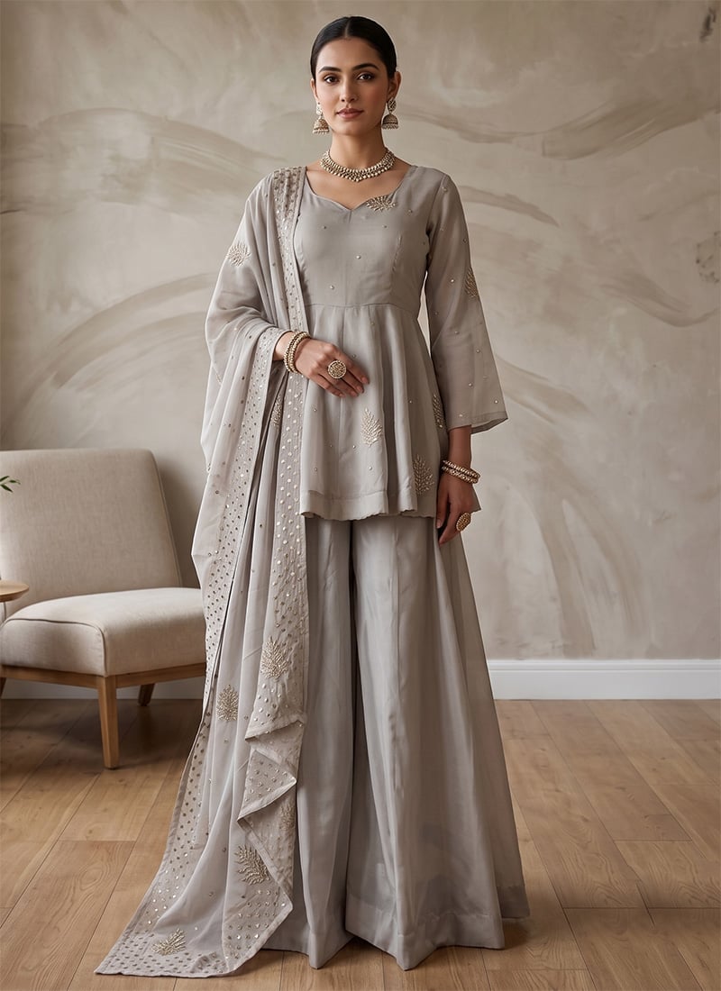 Silver Grey Silk Embroidered Sequins Palazzo Suit Festive Wear