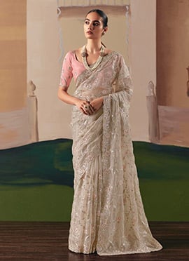 Silver Grey Tissue Silk Zari Embroidered Sequins Saree