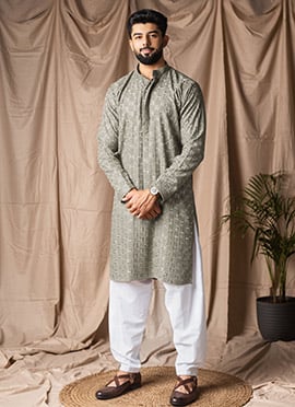 Silver Grey Viscose Rayon Embroidered Kurta Pyjama