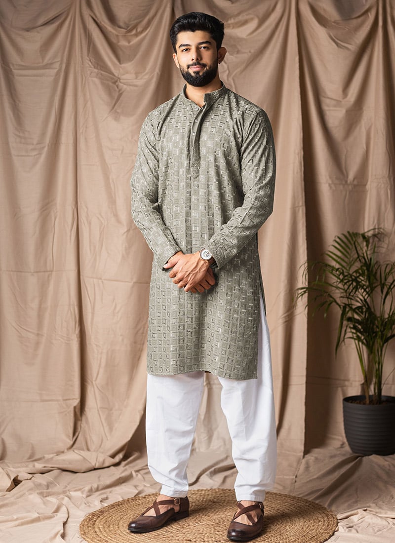 Silver Grey Viscose Rayon Embroidered Kurta Pyjama Festive Wear
