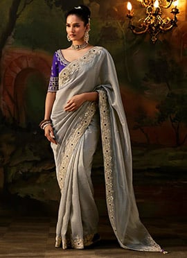 Silver Grey Viscose Zari Tissue Heavy Embroidered Sequins Stone Saree