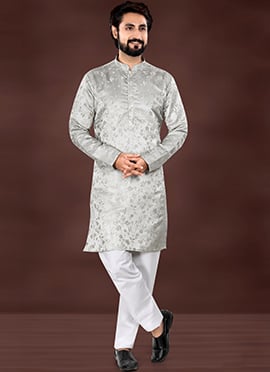 Silver Jacquard Silk Kurta Pyjama