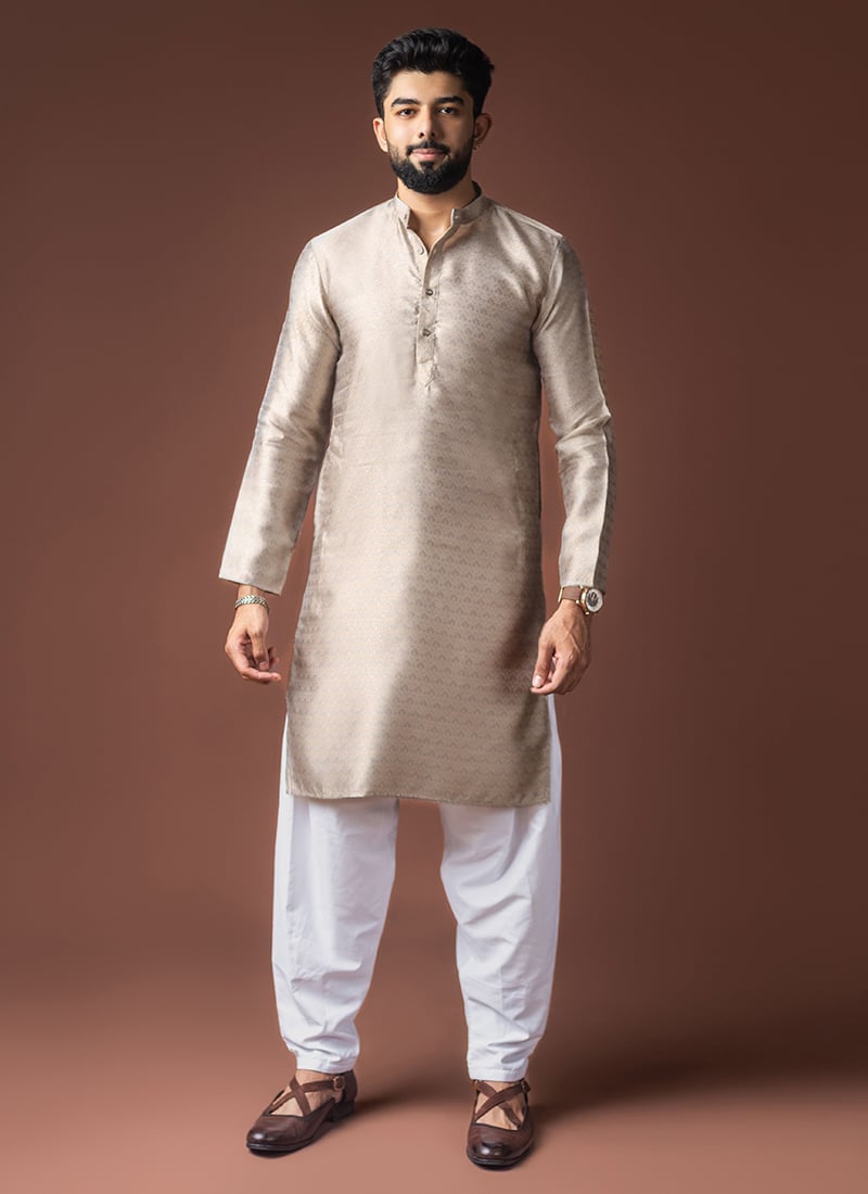 Silver Jacquard Silk Woven Kurta Pyjama