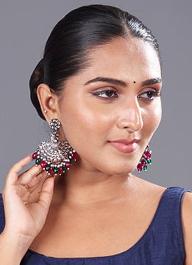 Silver Kundan And Beads Chaand Bali