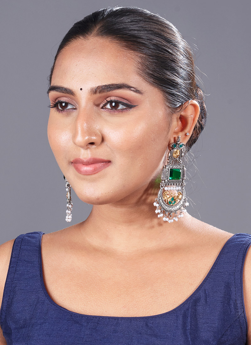Silver Kundan And Beads Chandeliers Festive Wear
