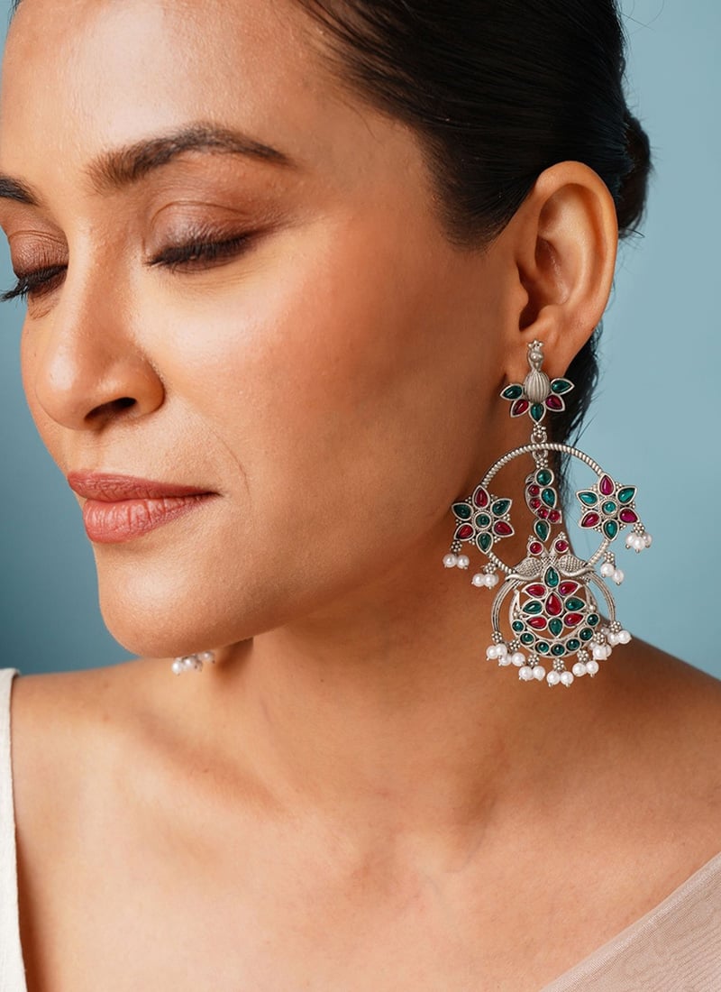 Silver Kundan And Beads Danglers Festive Wear