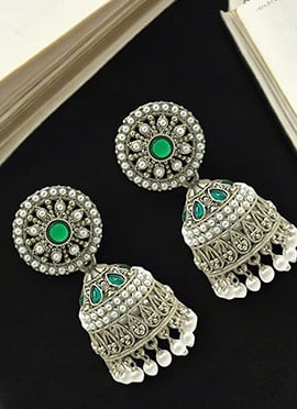 Silver Kundan And Beads Oxidised Jhumkas