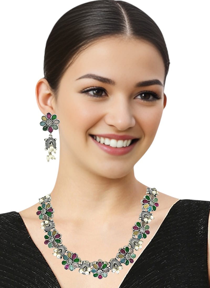 Silver Kundan And Beads Work Necklace Set Festive Wear