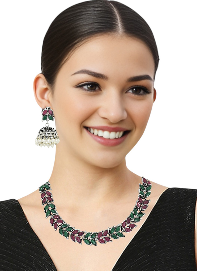 Silver Kundan And Beads Work Necklace Set Festive Wear