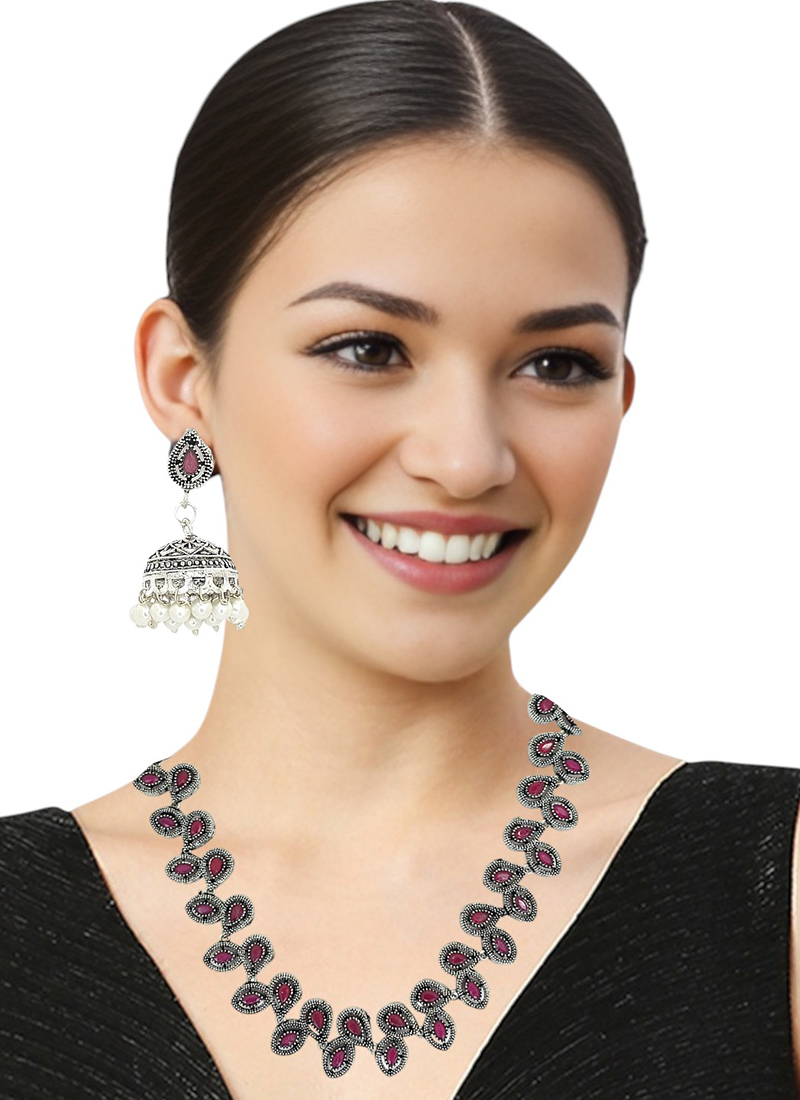 Silver Kundan And Beads Work Necklace Set Festive Wear