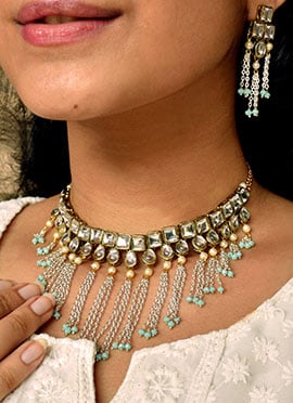 Silver Kundan And Moti Necklace