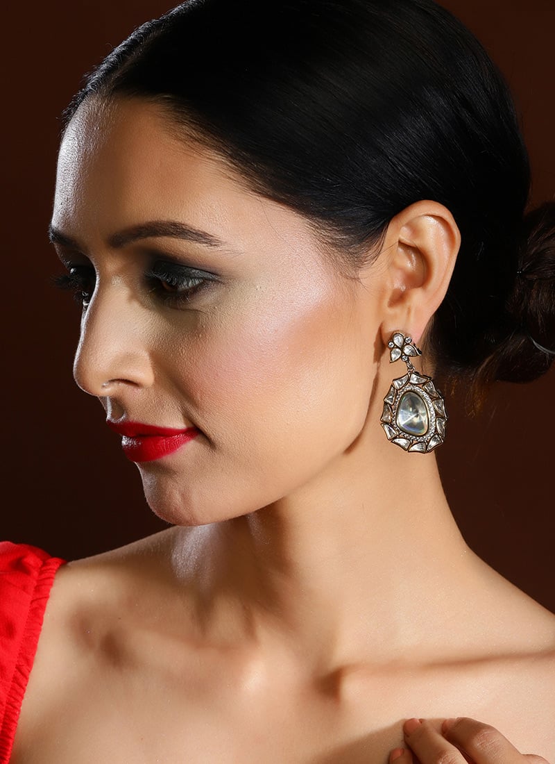 Silver Kundan And Stone Adorned Drops Festive Wear