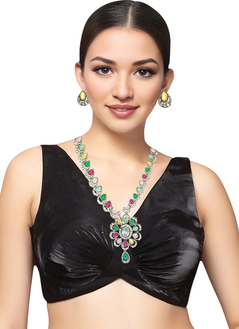 Silver Kundan And Stones Work Necklace Set Festive Wear