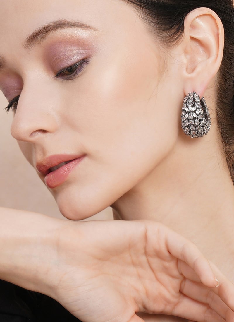 Silver Kundan Hoops